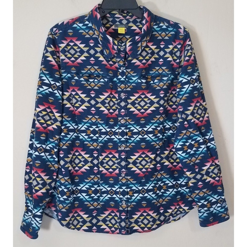 Cabelas Flannel‎ Women XL Reg Aztec Pattern Button Down Shirt Western